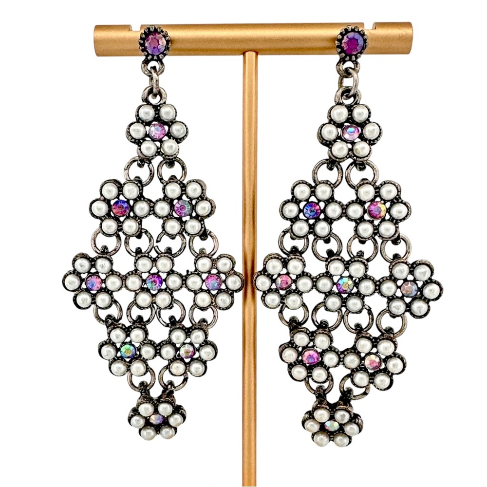Diamond Shaped Flower Chandelier Statement Earrings